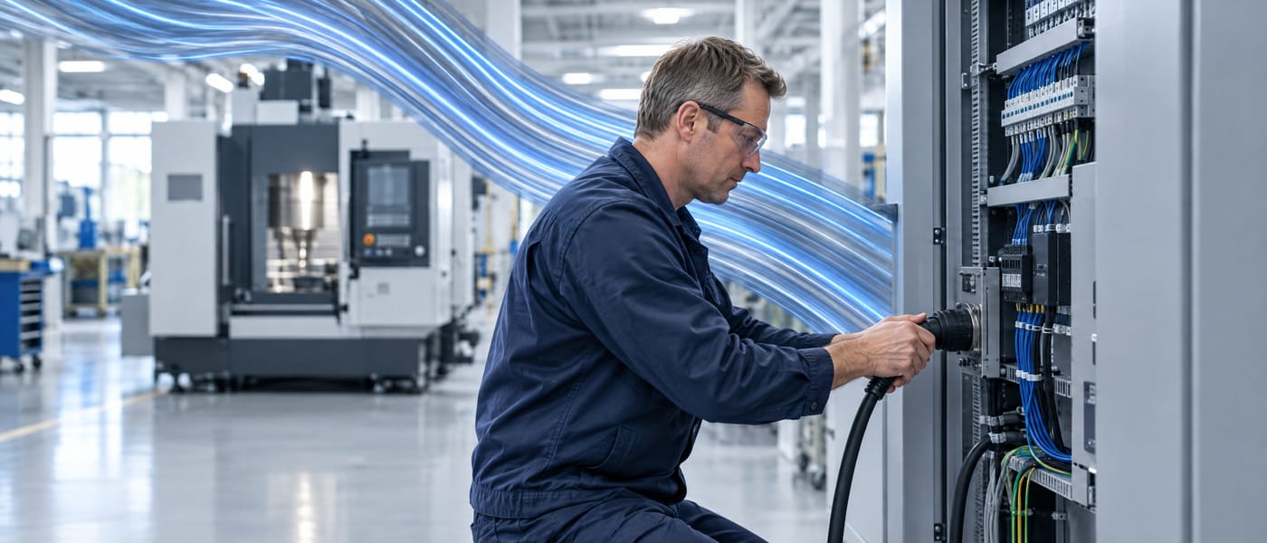 Elektriker schließt in einer Produktionshalle eine CNC-Maschine am Schaltschrank an